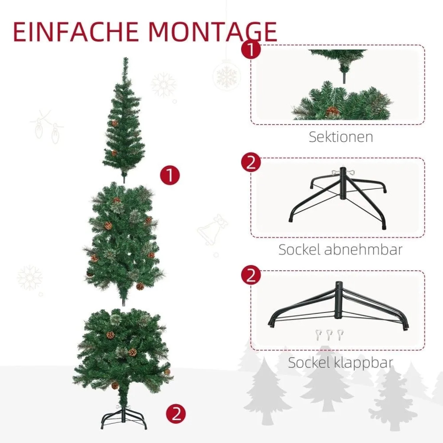 Einfache Montage des HOMCOM künstlichen Weihnachtsbaums (195 cm) mit grünem Nadelwerk, Zapfen und Metall-Standfuß.