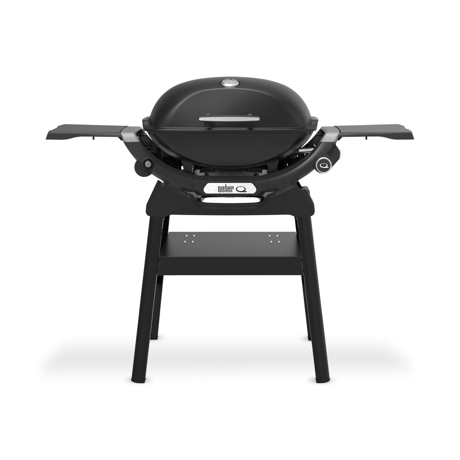 Schwarzer Weber Gasgrill Q2200N mit Stand, Alugussdeckel und Seitentischen.