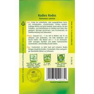 Samenpackung Quedlinburger Radieschen 'Rodos' mit scharlachroten, runden Knollen.