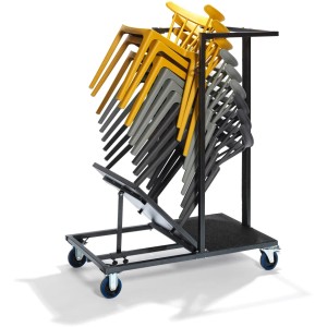 Veba Transportwagen Uni Stack mit gelben und grauen Stapelstühlen, 150x115x60 cm.