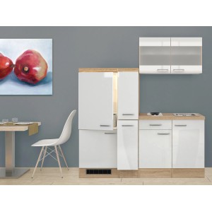 Flex-Well Küchenzeile Valero, 190 cm, Hochglanz Weiß und Sonoma Eiche Dekor mit E-Geräten.