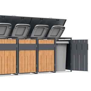 Westmann Mülltonnenbox Varius 5 aus Anthrazit Stahl mit Holzoptik Fronten, für 5 Mülltonnen, Deckel und Tür offen.