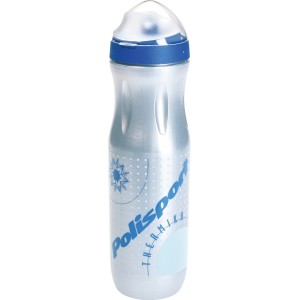 Thermo Trinkflasche, 0,5 l, silberfarben mit blauem Deckel und Polisport Aufdruck.