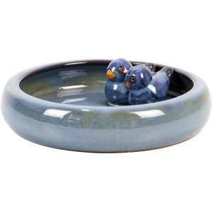 Blaue Keramik Vogeltränke (Ø 24cm) mit zwei Vogel Figuren als Deko.
