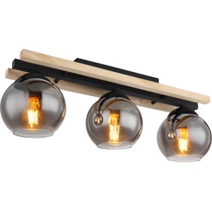 Globo Deckenleuchte mit 3 Rauchglas-Schirmen, schwarz-matte Halterung und Holzelement.