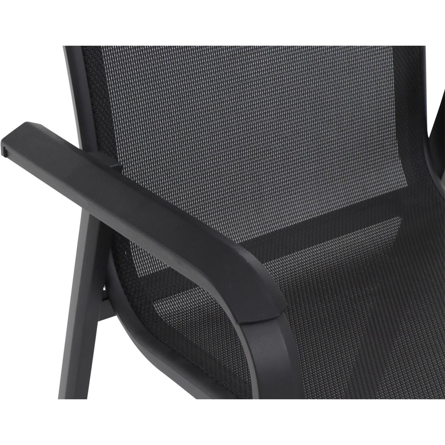 Detailansicht: Anthrazitfarbener Siena Garden Stapelsessel Tesoro mit Ranotex-Gewebe und Aluminiumgestell.