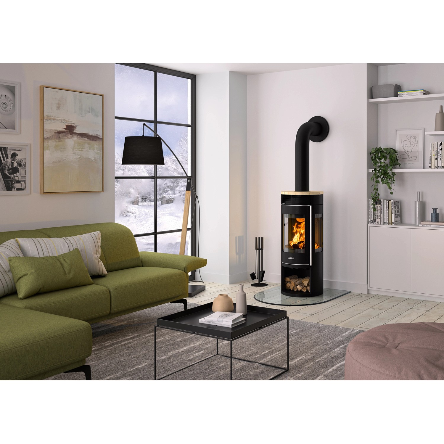 Justus Kaminofen Mino Trios 2.0, Stahl schwarz mit Sandstein Holzoptik, 5 kW, in Wohnraum.