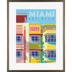 Goldener Kunststoffbilderrahmen 40x50 cm mit farbenfrohem Miami Art Deco Motiv.