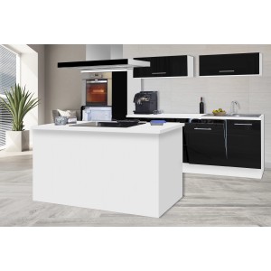 Respekta Premium Inselküche, 310 cm, Schwarz Hochglanz/Weiß, mit Kochinsel, E-Geräten und viel Stauraum.