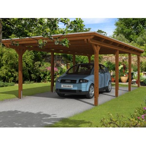 Skan Holz Carport Emsland Nussbaum mit Auto. Einzelcarport aus Holz mit Flachdach und Regenrinne.