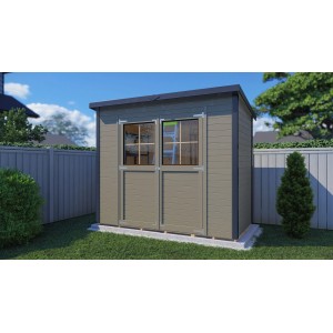 Beige-graues Bertilo Gerätehaus Castano 2 aus Holz mit Doppeltür und Fenster im Garten.