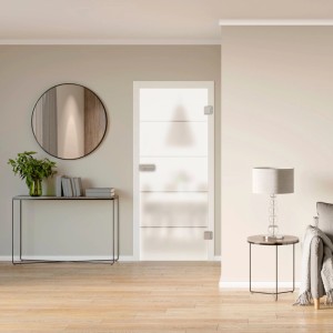 Moderne Novadoors Glasdrehtür Nova 503 satiniert mit 4 klaren Linien in hellem Wohnraum. Bietet Licht & Privatsphäre.