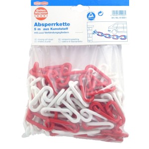 Conacord Absperrkette aus rot-weißen Polyethylen-Gliedern, 5 m lang, in transparenter Verpackung.