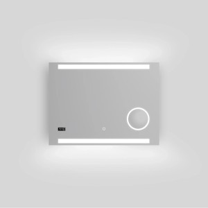 DSK Design LED-Lichtspiegel Silver Conde 80x60 cm mit beleuchteten Streifen, Digitaluhr und Kosmetikspiegel.