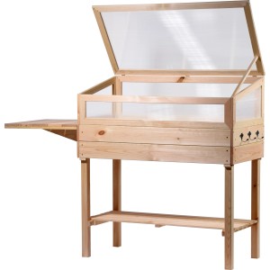 Frühbeet Tisch mit Ablage (Größe L) aus Holz mit Polycarbonat-Aufsatz und ausklappbarem Tisch.