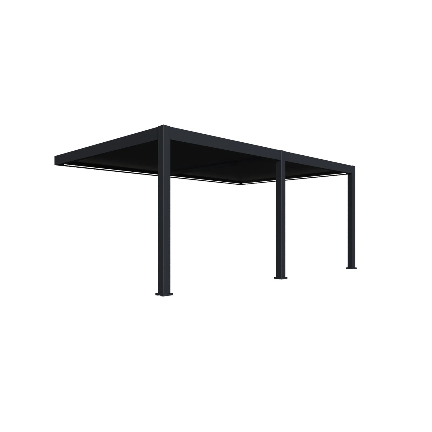 Anthrazitfarbene Aluminium-Wandpergola mit elektrischem Lamellendach und integrierter LED-Beleuchtung für Terrassen.