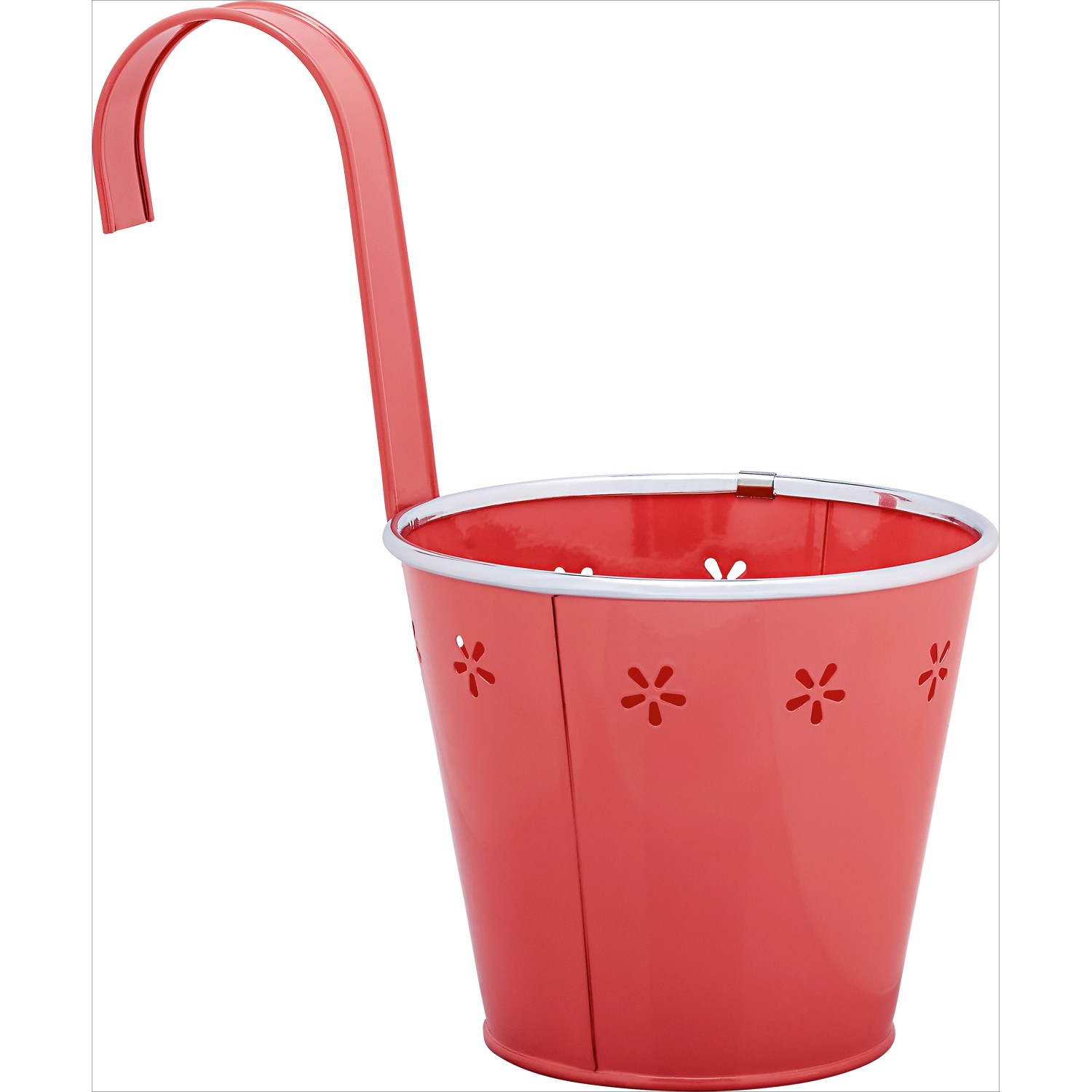 Roter Hänge-Übertopf aus Metall mit Blumenmuster für Balkon und Terrasse.