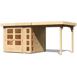 Karibu Holz-Gartenhaus Sölve mit Flachdach und Anbau, unbehandelt.
