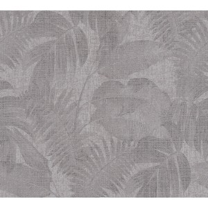 Vliestapete mit Palmenblätter-Muster in Braun und Grau, leicht strukturiert und matt.