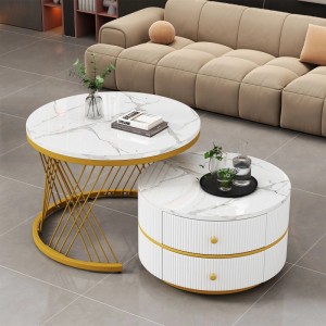 okwish Couchtisch Set mit Marmoroptik Schubladen Nesting 60x60x46cm 50x50x31cm Goldfarben