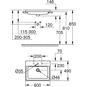 Technische Zeichnung: Grohe Cube Einbauwaschtisch, 60 cm, Alpinweiß, Maße und Details für Installation.