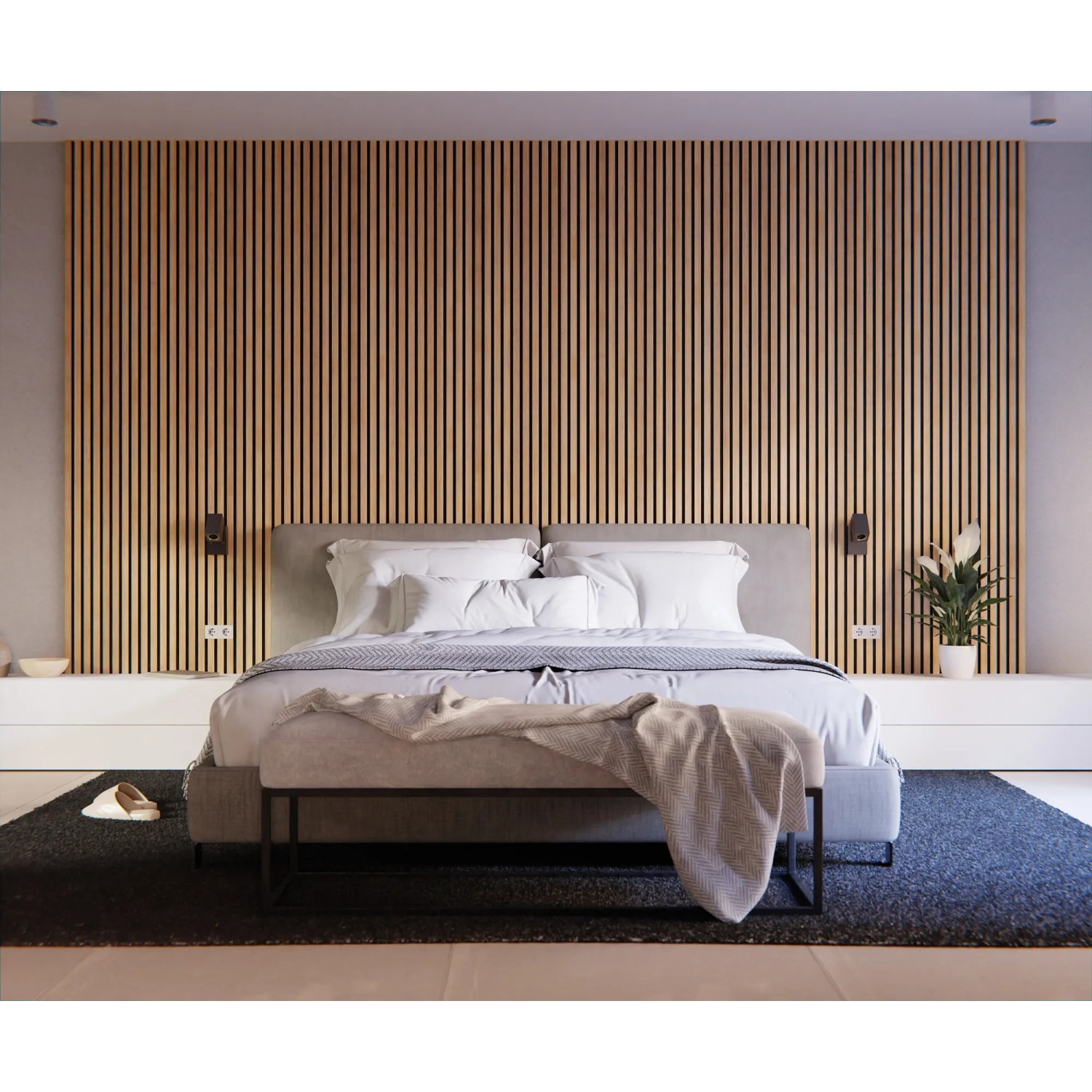 Akustikpaneel Eiche/Schwarz im Schlafzimmer: Wandverkleidung mit Holzpaneelen für bessere Raumakustik.