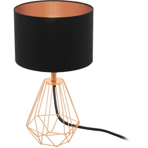 Eglo Tischleuchte Carlton 2: Schwarzer Textilschirm, kupferfarbener Drahtfuß. Design-Tischlampe für E14 Leuchtmittel.