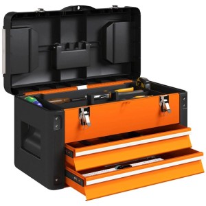 Offene HOMCOM Werkzeugkiste orange-schwarz mit zwei ausgezogenen Schubladen und Werkzeugen. Ideal für Werkstatt.