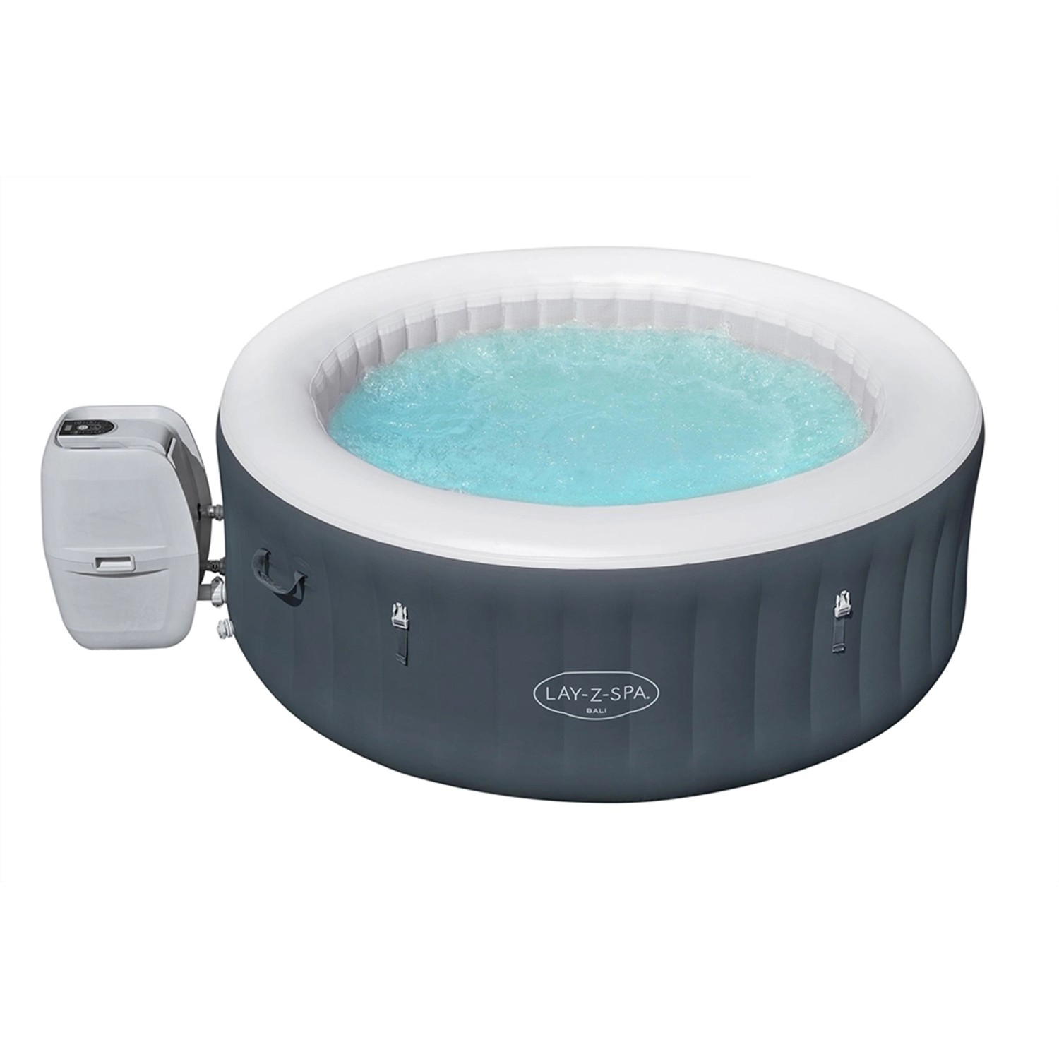Bestway Lay-Z-Spa Bali AirJet, aufblasbarer runder Whirlpool in Anthrazit mit Pumpe.