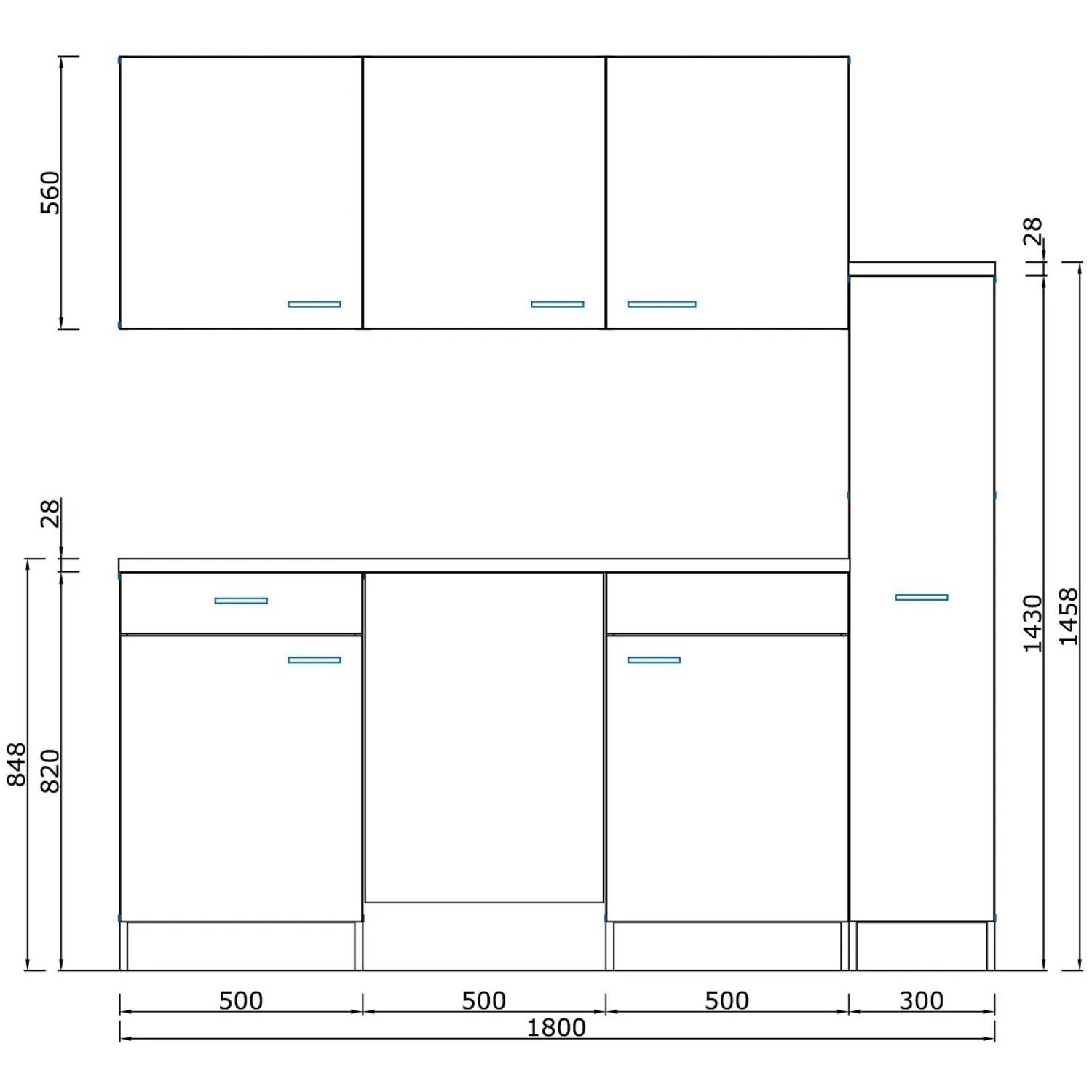Skizze der weißen Respekta Economy Küchenzeile KB180WWC (180 cm) mit Glaskeramikkochfeld und Kühlschrank.