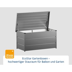 Geöffnete EcoStar Gartenbox Elegant aus Graualuminium, wetterfest und UV-beständig.