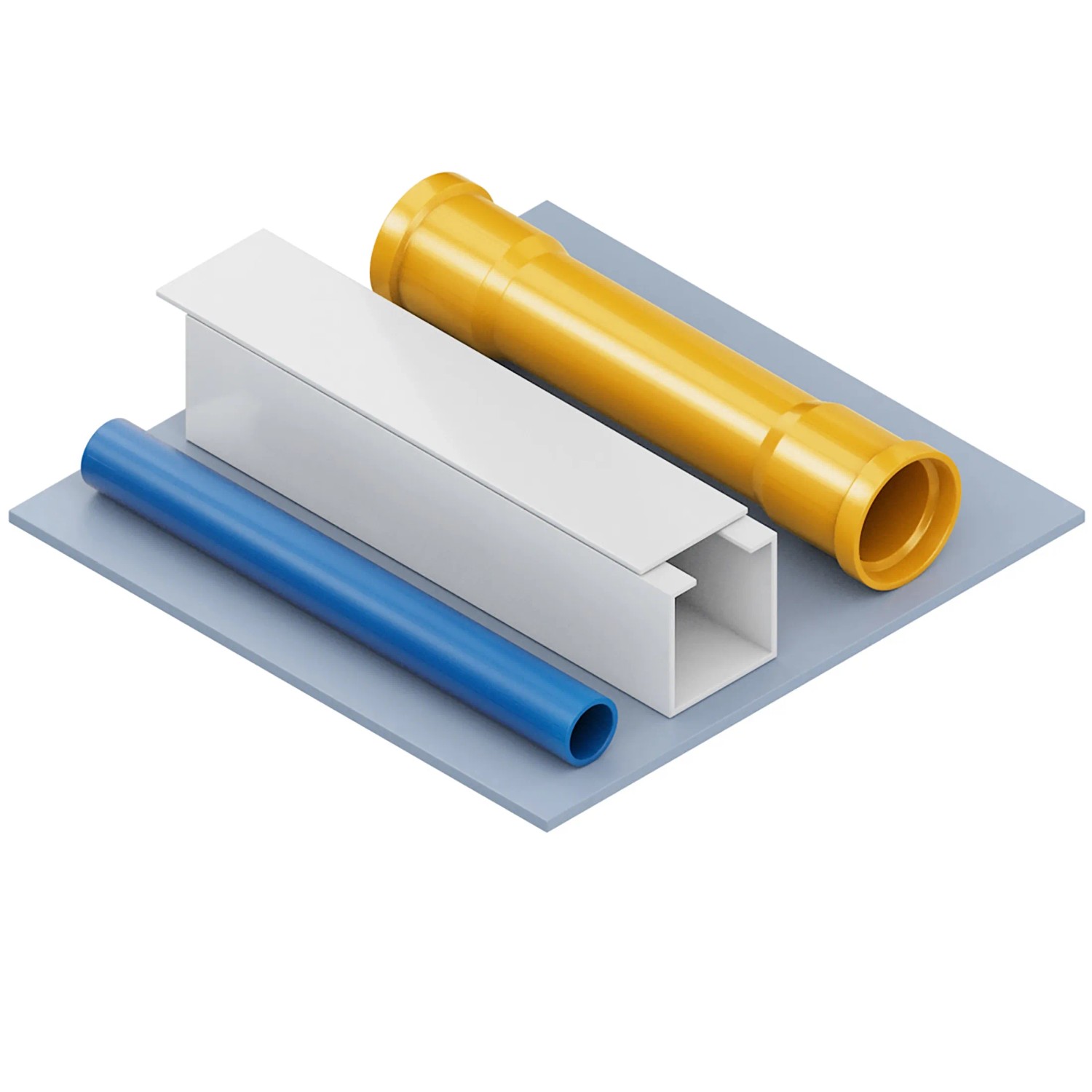 Rohre in Blau, Weiß und Gelb auf grauer Fläche. Installationsbedarf.