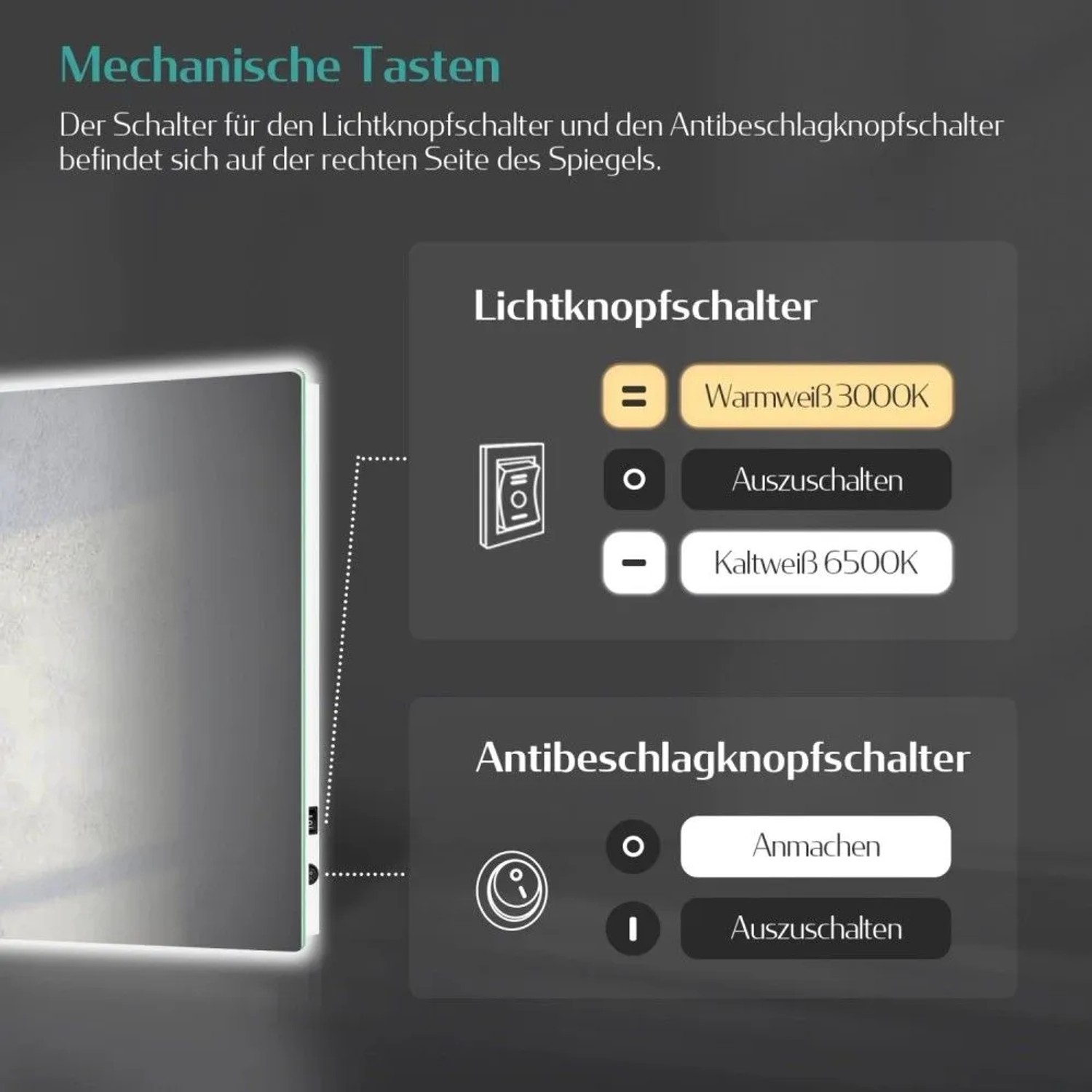 Emke LED-Badspiegel: Mechanische Tasten an der Seite für Lichtfarben (Warmweiß, Kaltweiß) und Anti-Beschlag-Funktion.