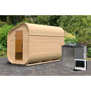 Karibu Fasssauna-Set Asymetrisch 3 naturbelassen mit Ofen und Steuerung im Garten.