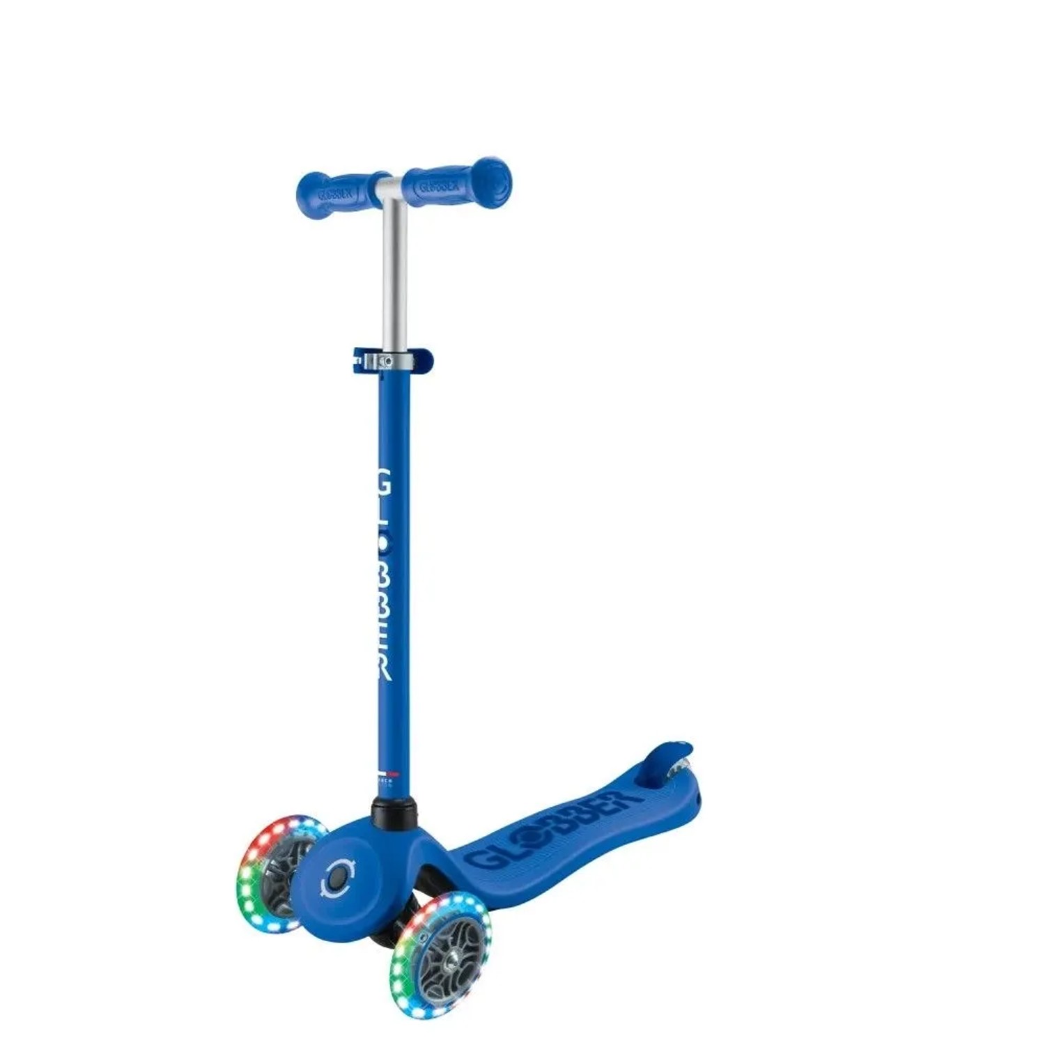 Blauer Globber Go-Up 3in1 Scooter mit 3 Rädern und bunten LED-Leuchtrollen. Verstellbares Kinderfahrzeug.