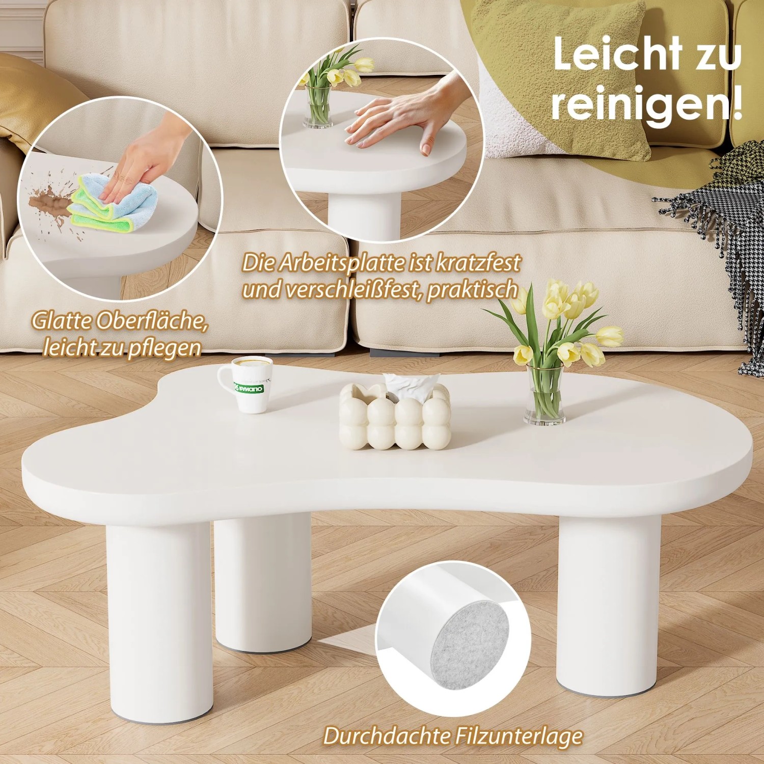 okwish Couchtisch mit Wolkenform Design Wohnzimmer 107x66x40cm Weiß_9