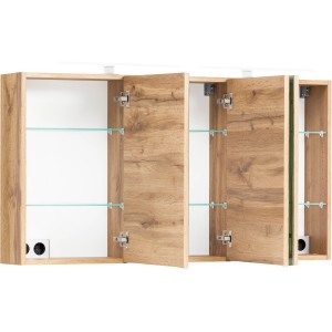 Held Möbel 3D-Spiegelschrank Trient 120 cm in Wotaneiche mit offenen Türen und Glasböden.