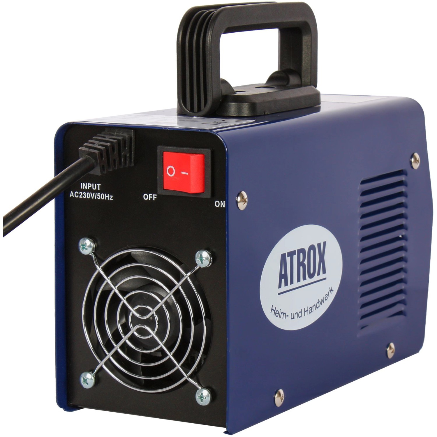 Blaues Atrox IGBT Inverter-Schweißgerät 4,5 kVA mit Tragegriff und Lüftergitter.