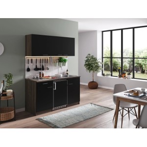 Respekta Küchenzeile KB150EYS, 150 cm, Schwarz und Eiche York Nachbildung, mit Spüle und Kühlschrank.