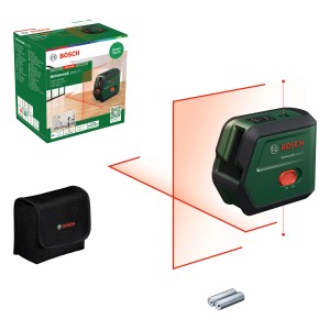 Bosch UniversalLevel 2 Kreuzlinienlaser mit Zubehör: Tasche, Batterien und Verpackung.