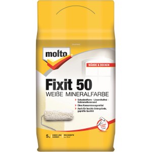 Molto Mineralfarbe Fixit 50, Weiß, 5kg Sack. Geeignet für Wände und Decken, atmungsaktiv und schimmelhemmend.