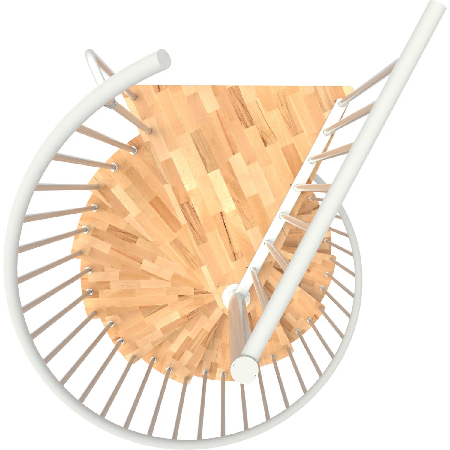 Minka Spindeltreppe Spiral Smart, Buche weiß, Ø120cm, Aufsicht. Innentreppe mit Holzstufen und weißem Geländer.