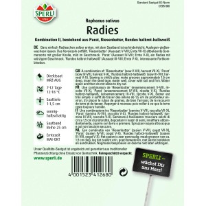 Sperli Radieschen Saatband Kombination II mit Riesenbutter, Parat und Rundes halbrot-halbweiß.