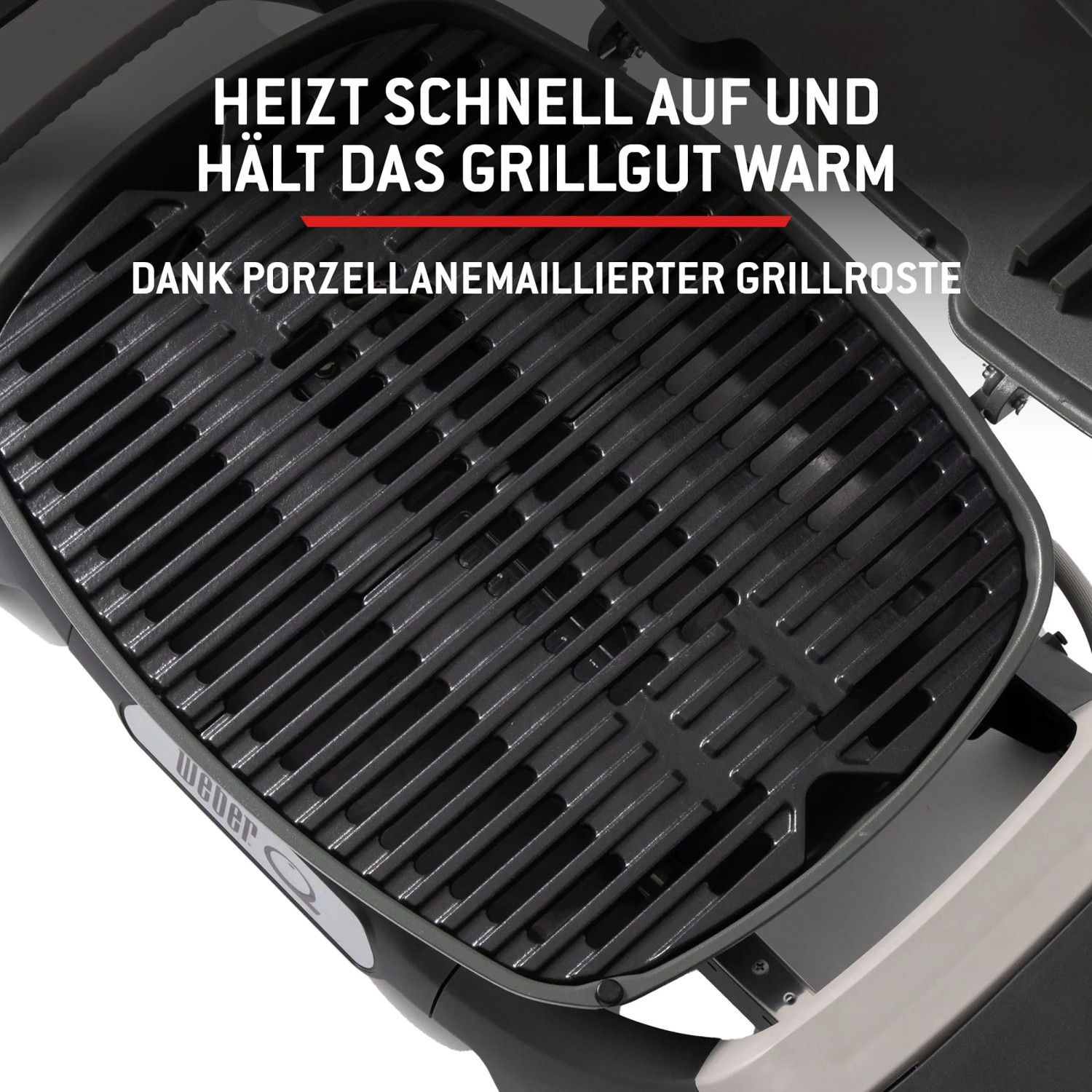 Detailaufnahme des porzellanemaillierten Gussrosts vom Weber Gasgrill Q2200N auf Rollwagen.