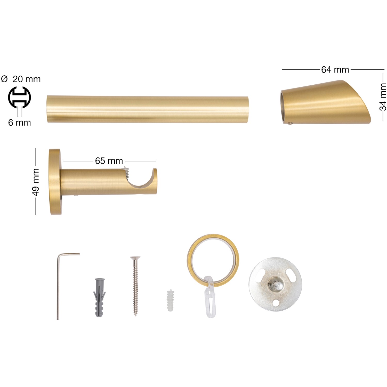 Mydeco Gardinenstange Messing, 100cm, mit Zubehör wie Träger, Endstück Rag und Ringe.