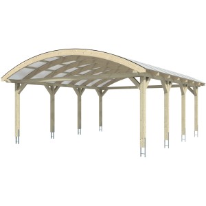 Skan Holz Doppelcarport Franken, Eiche hell, mit gebogenem Dach und Doppelstegplatten.