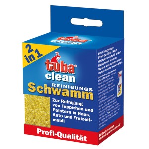 Tuba Clean Reinigungsschwamm im Karton, gelb, zur Fleckenentfernung auf Teppichen und Polstern.