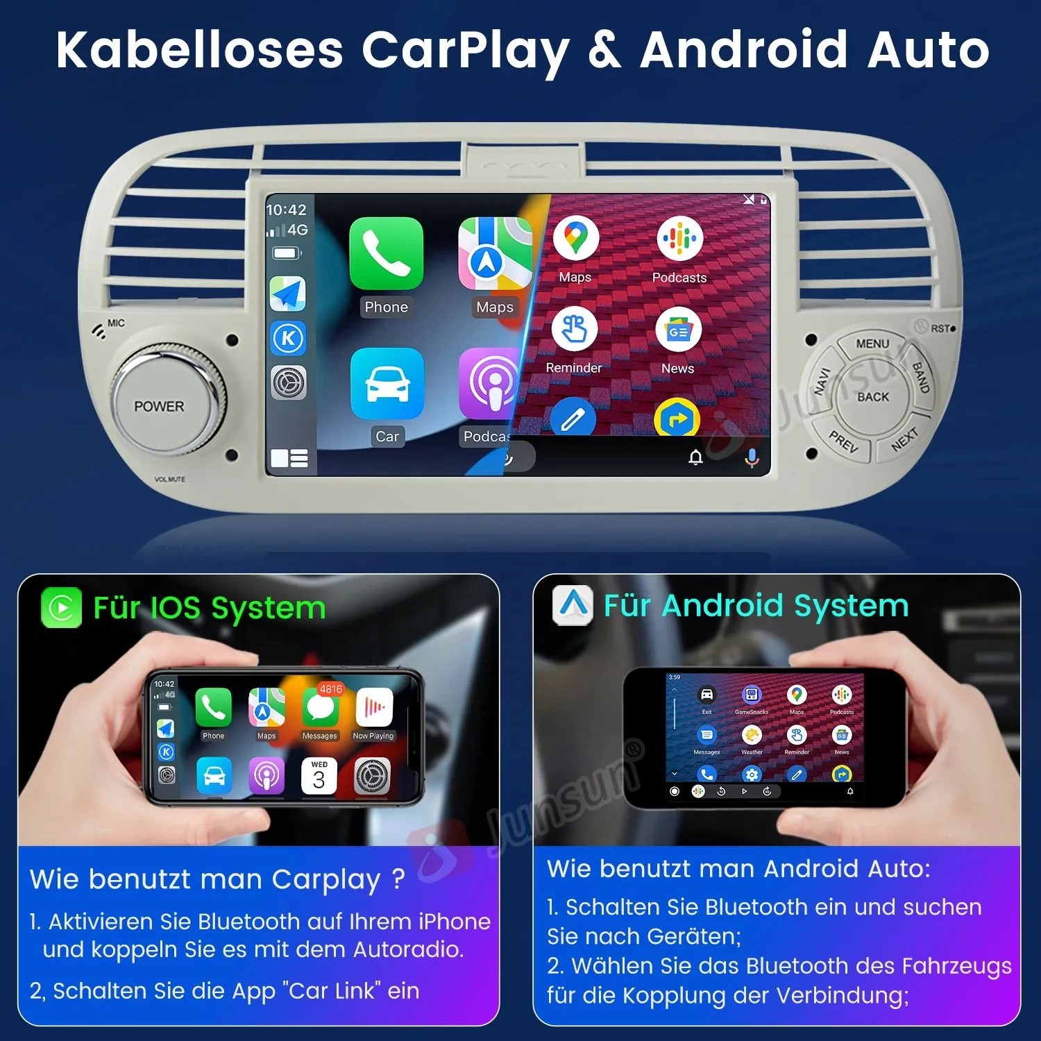 Junsun Autoradio für FIAT 500 mit Touchscreen, CarPlay, Android Auto, Navigation. Integriert in Armaturenbrett, zeigt App-Icons.