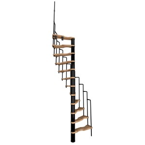 Platzsparende Minka Spindeltreppe Suono, 140x78 cm, Buche-Schwarz, ideal für kleine Räume.