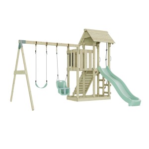 PolarPlay Babyschaukel Uppsala mintgrün mit Spielturm und Rutsche.